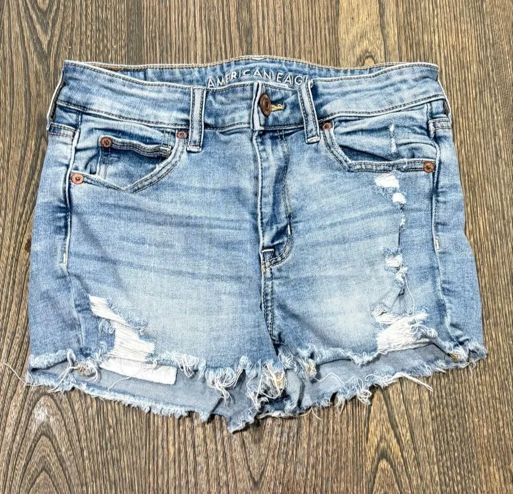 American Eagle Outfitters Women's Distressed Super Stretch Jean Shorts Blue Sz 4